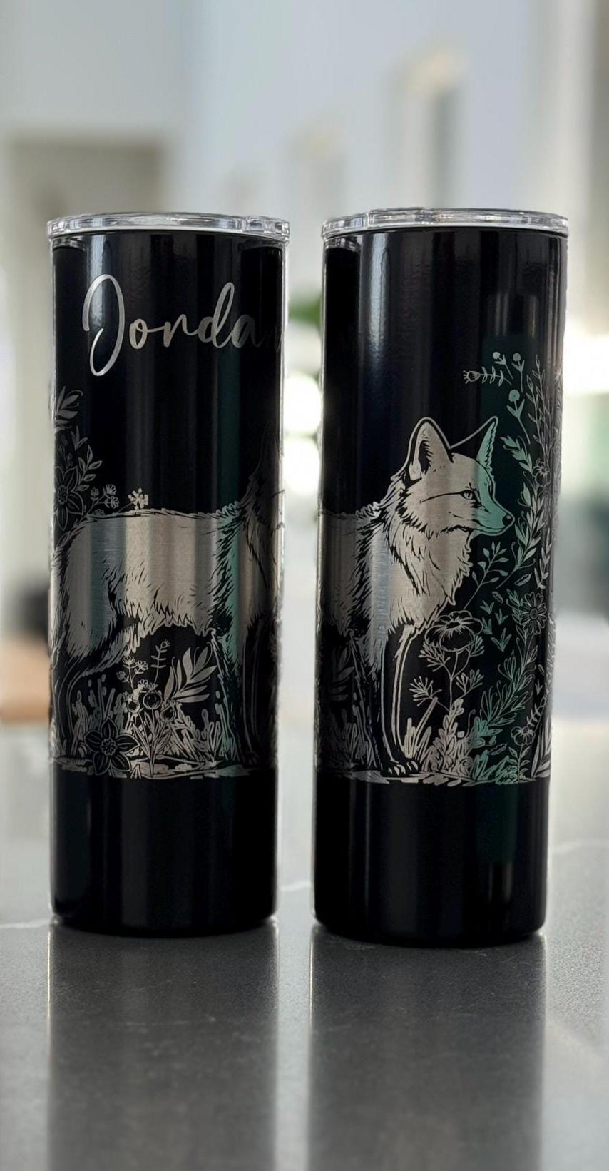 Engraved Fox Tumbler, Woodland Scene Insulated Travel Mug