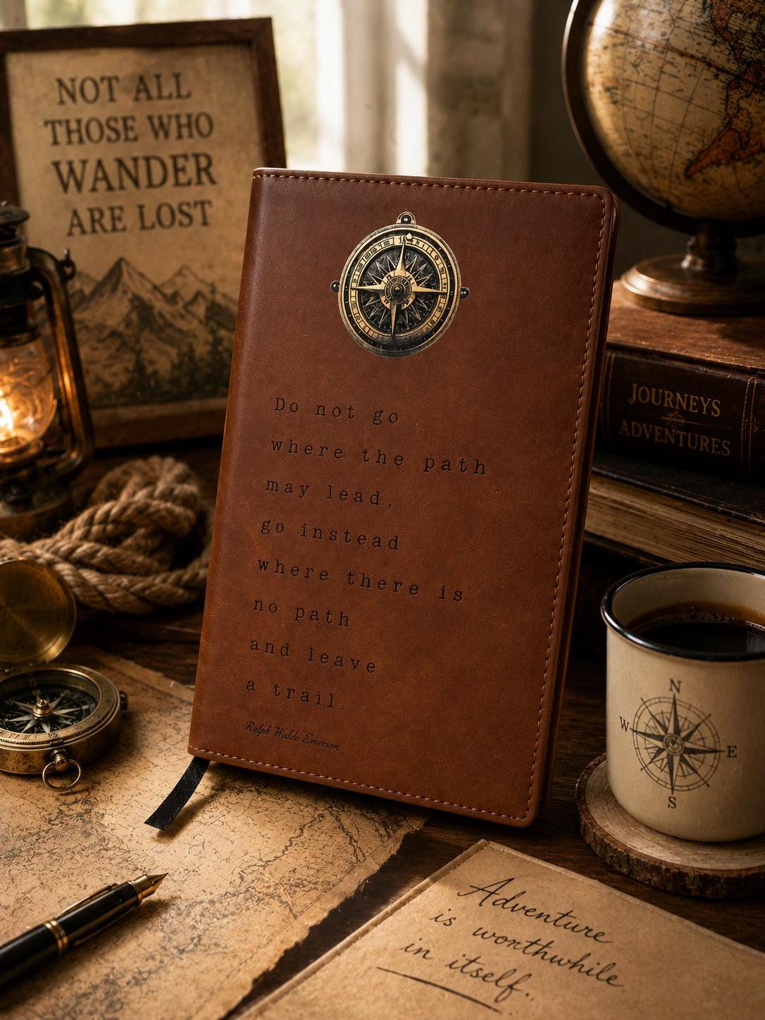 Compass Adventure Journal with Inspirational Quote Brown Leatherette Travel Notebook Traveler Graduation Gift