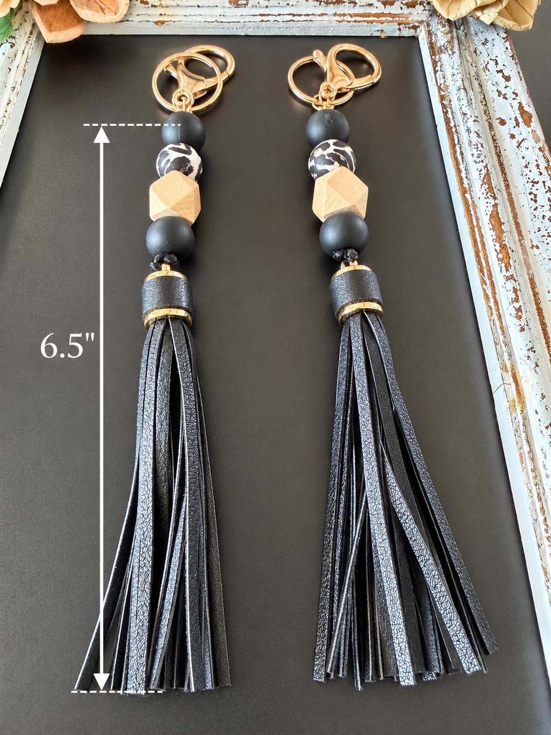 Boho Beaded Tassel Keychain | Black Wood Bag Charm