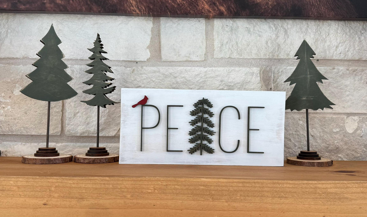Handmade PEACE Wood Sign: Cardinal Accent, Evergreen Silhouette