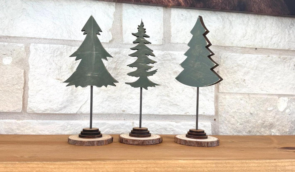 Rustic Wood Christmas Tree Set, Evergreen Holiday Mantel Decor