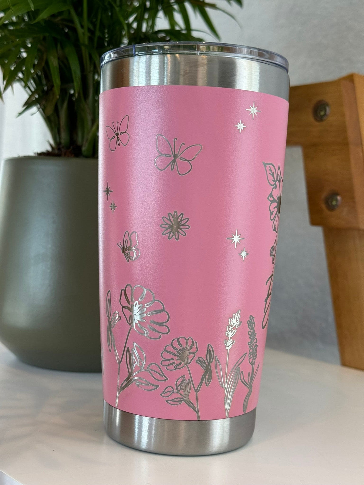 Engraved Butterfly Floral Travel Mug, Insulated Tumbler