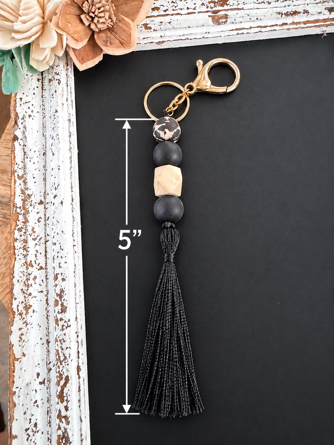Boho Beaded Tassel Keychain | Black Wood Bag Charm