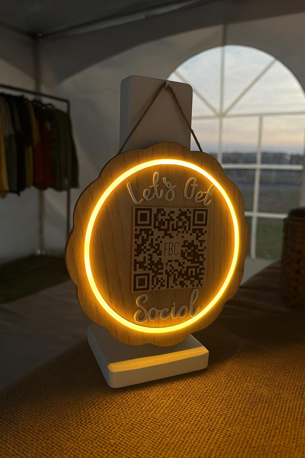 Let’s Get Social lighted QR Code Sign LED Wood Acrylic Scalloped Custom Business Sign