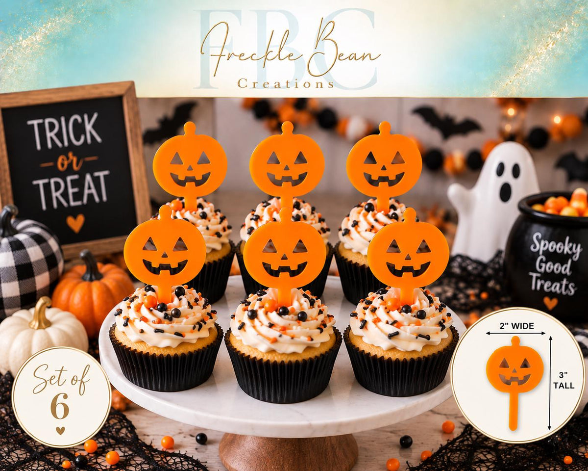Set of 6 Orange Acrylic Jack-O'-Lantern Cupcake Toppers | Halloween Party Picks