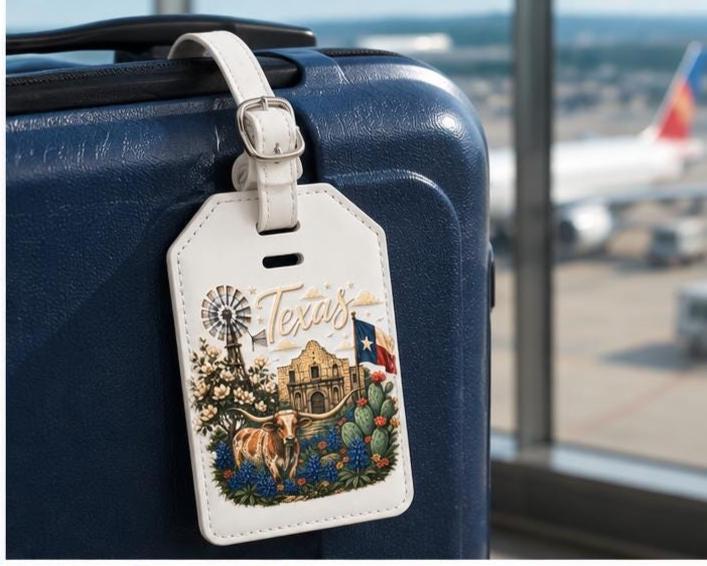 Texas Luggage Tag with Strap: Longhorn, Alamo, Bluebonnets UV Printed
