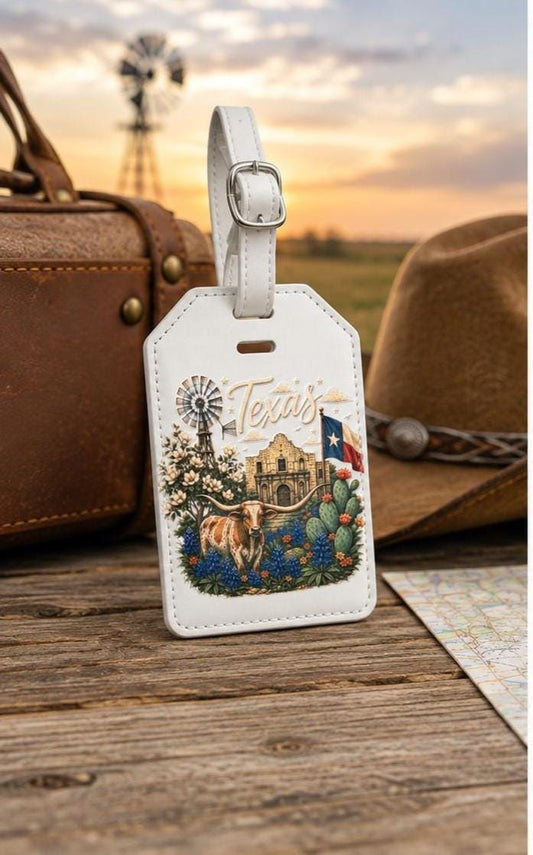 Texas Luggage Tag with Strap: Longhorn, Alamo, Bluebonnets UV Printed
