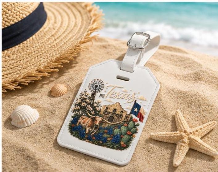 Texas Luggage Tag with Strap: Longhorn, Alamo, Bluebonnets UV Printed