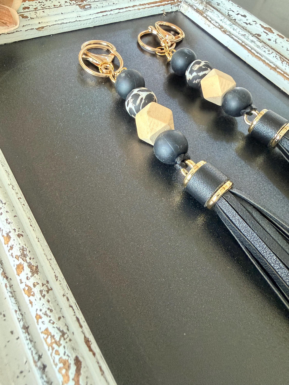 Boho Beaded Tassel Keychain | Black Wood Bag Charm