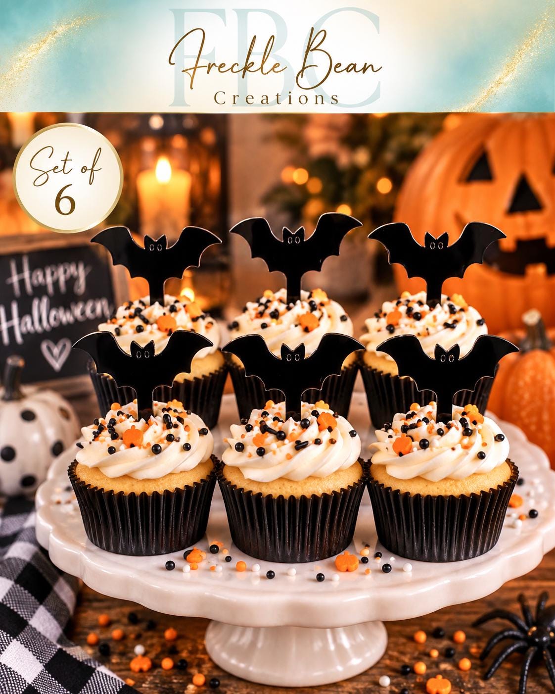 Black Acrylic Bat Cupcake Toppers | Halloween Party Decor (Set of 6)