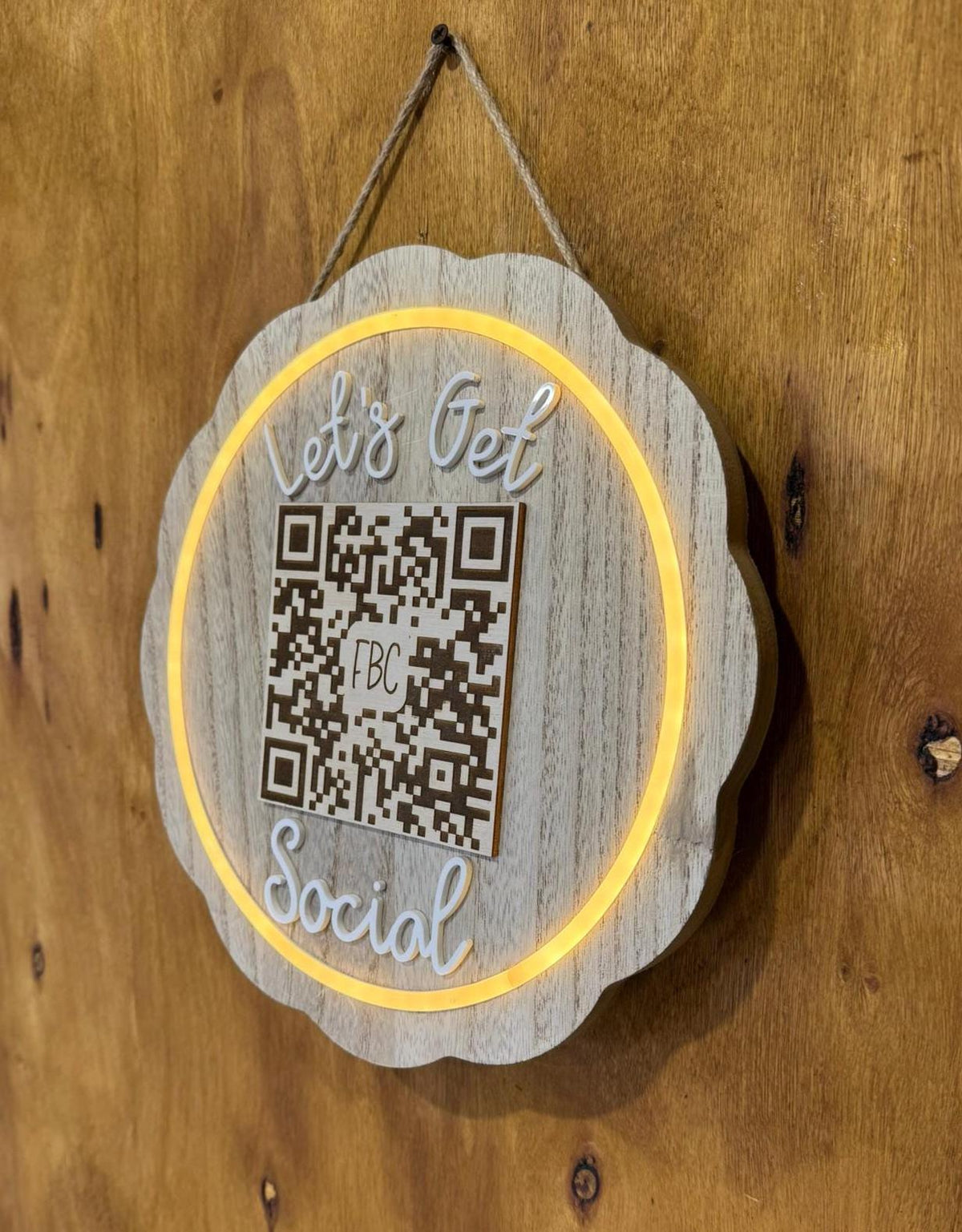 Let’s Get Social lighted QR Code Sign LED Wood Acrylic Scalloped Custom Business Sign