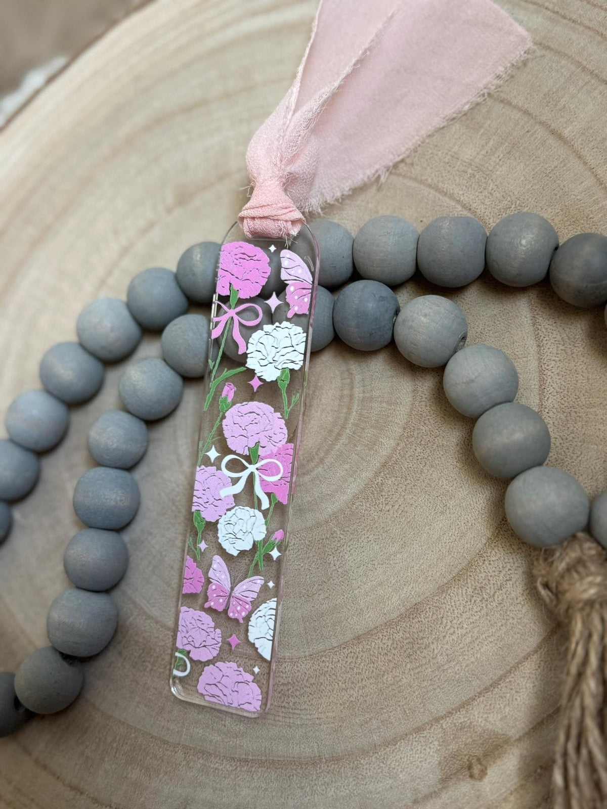 Floral Butterfly Acrylic Bookmark with Pink Ribbon