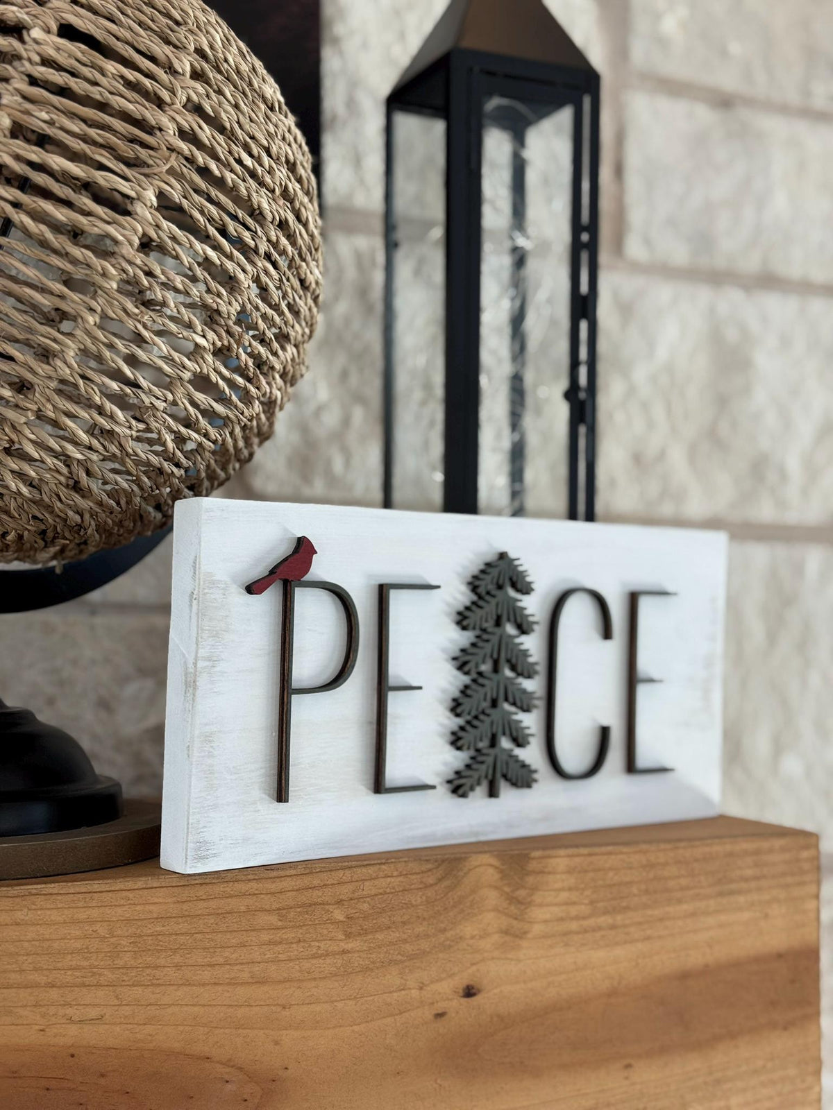 Handmade PEACE Wood Sign: Cardinal Accent, Evergreen Silhouette