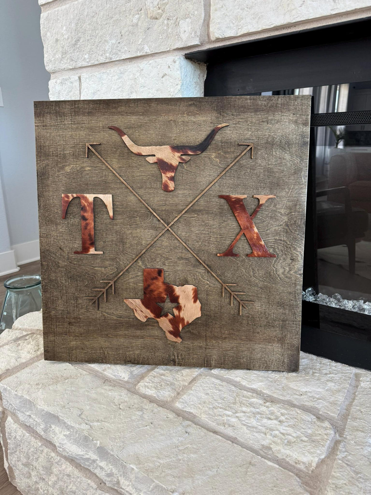 Rustic Cowhide Texas Wall Sign, Longhorn Home Decor