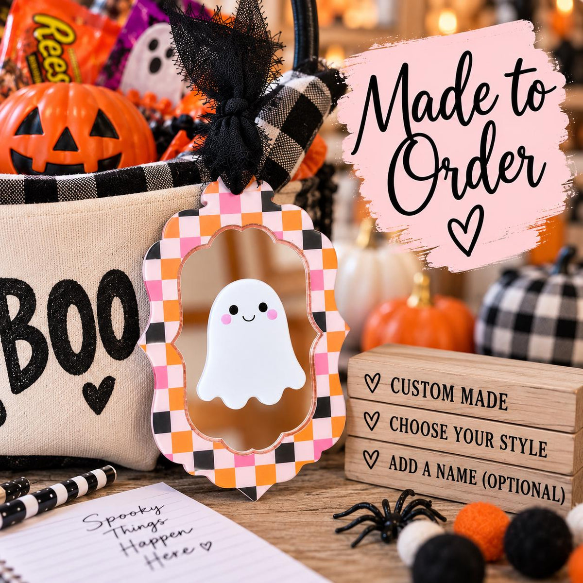Boo Basket name Tag Personalized Ghost Mirror Bag Tag | Custom Halloween Name Tag | Spooky Backpack Charm | Trick or Treat Tag