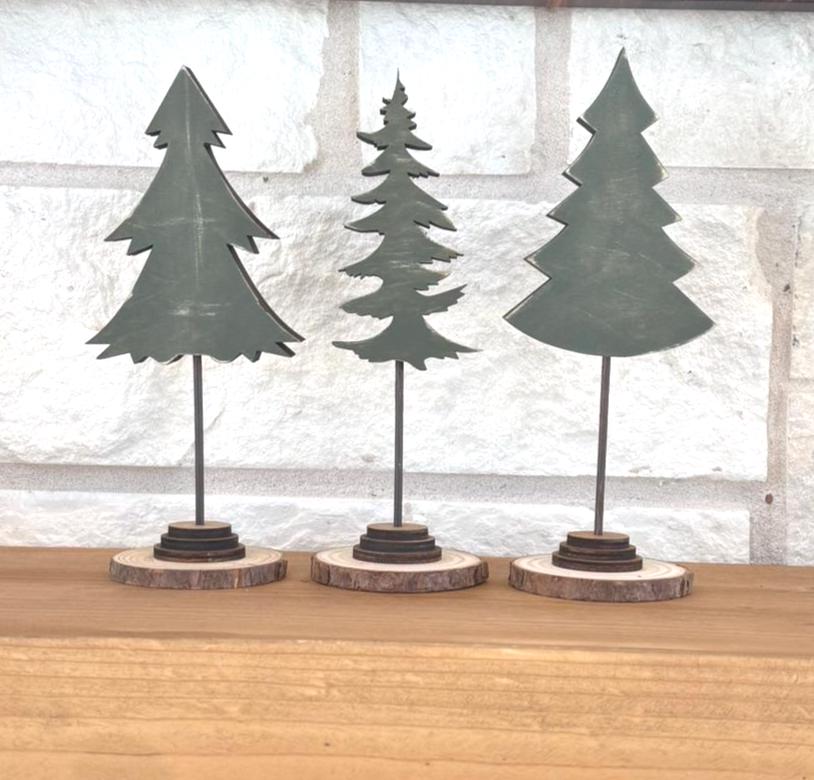 Rustic Wood Christmas Tree Set, Evergreen Holiday Mantel Decor