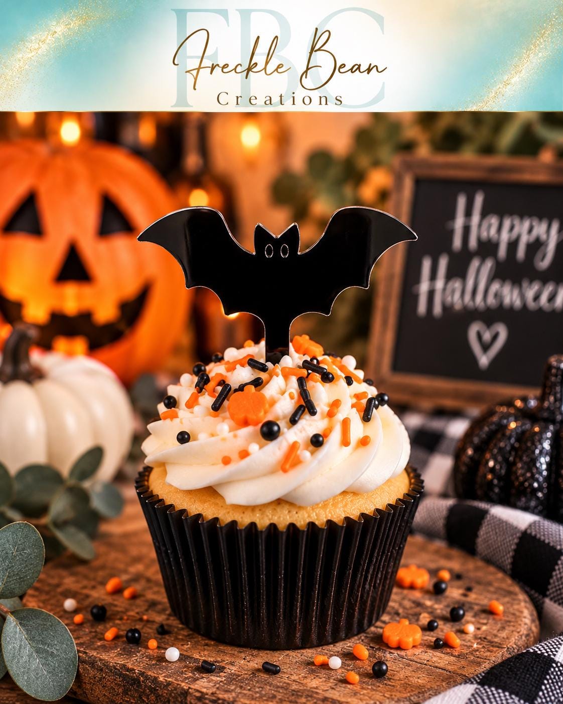 Black Acrylic Bat Cupcake Toppers | Halloween Party Decor (Set of 6)