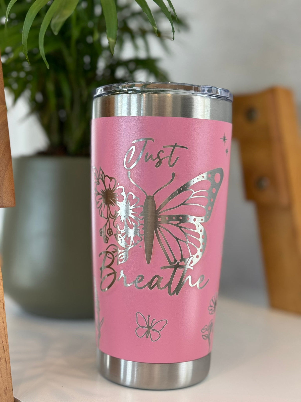 Engraved Butterfly Floral Travel Mug, Insulated Tumbler