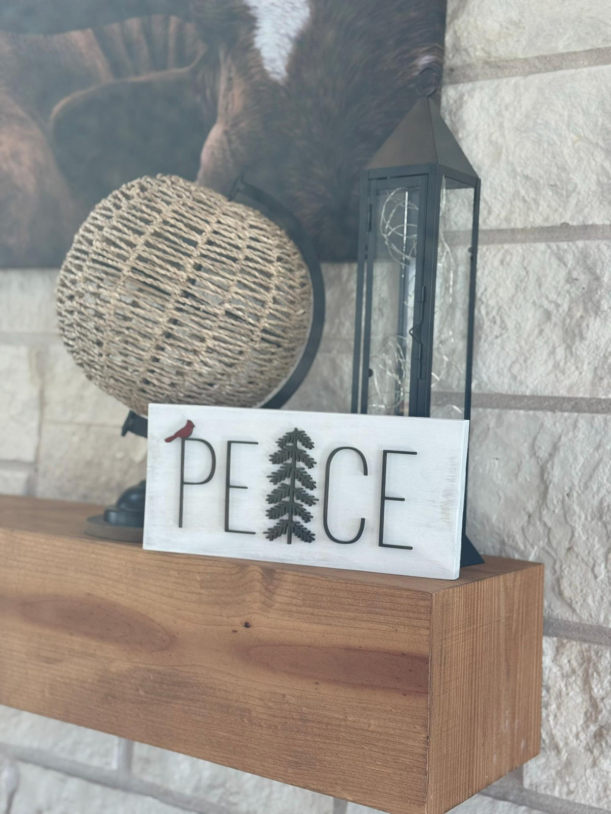 Handmade PEACE Wood Sign: Cardinal Accent, Evergreen Silhouette