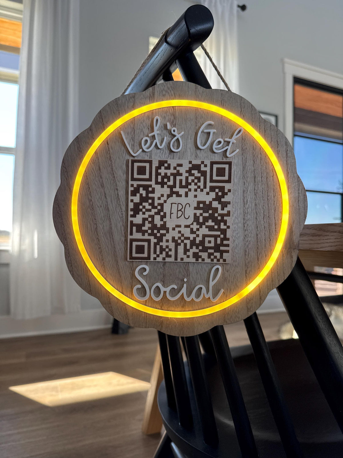 Let’s Get Social lighted QR Code Sign LED Wood Acrylic Scalloped Custom Business Sign