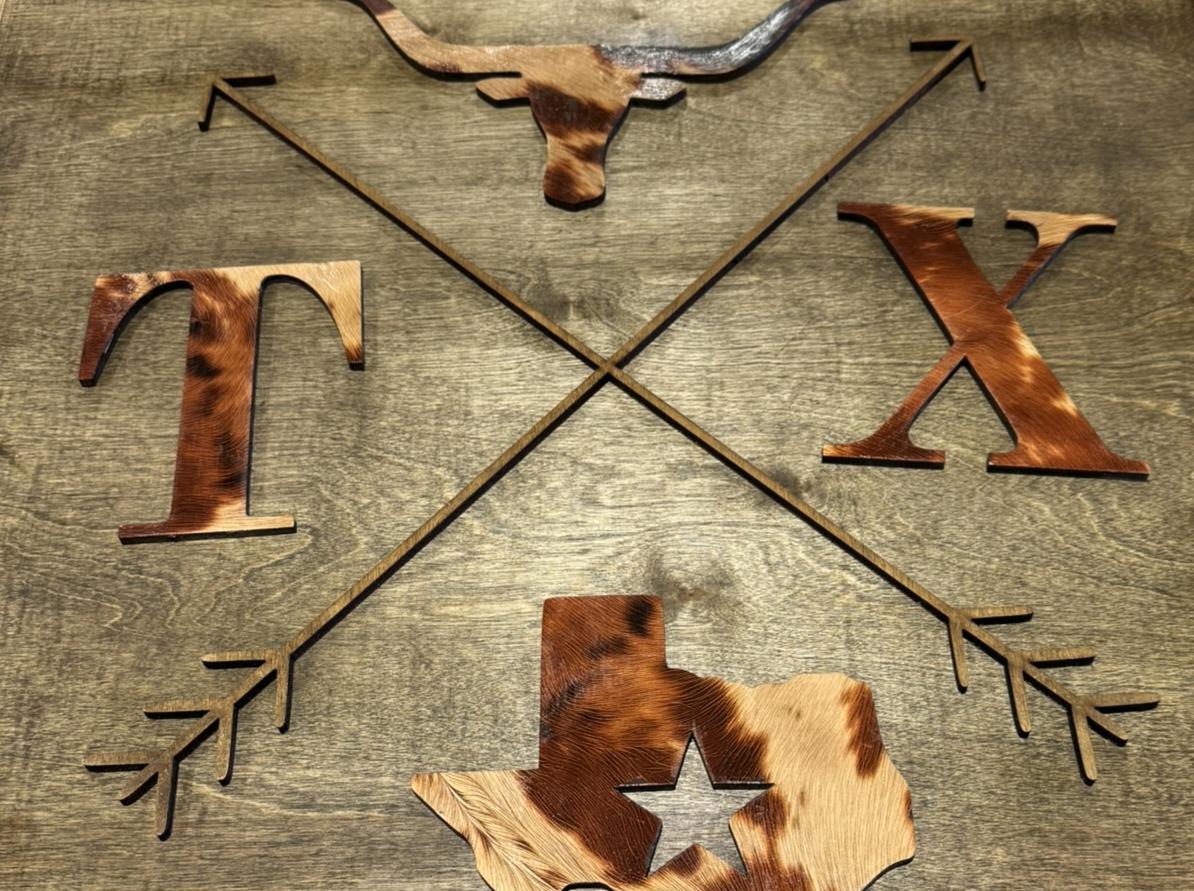 Rustic Cowhide Texas Wall Sign, Longhorn Home Decor