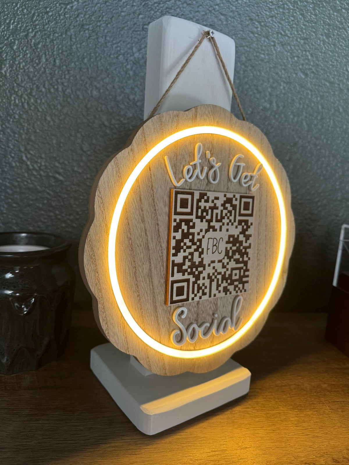 Let’s Get Social lighted QR Code Sign LED Wood Acrylic Scalloped Custom Business Sign