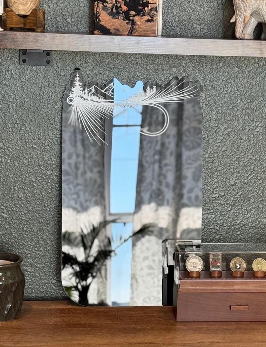 Hand-Painted Fly Fishing Adventure Sticker Board RV Camper Decor Engraved Acrylic Mountain Scene