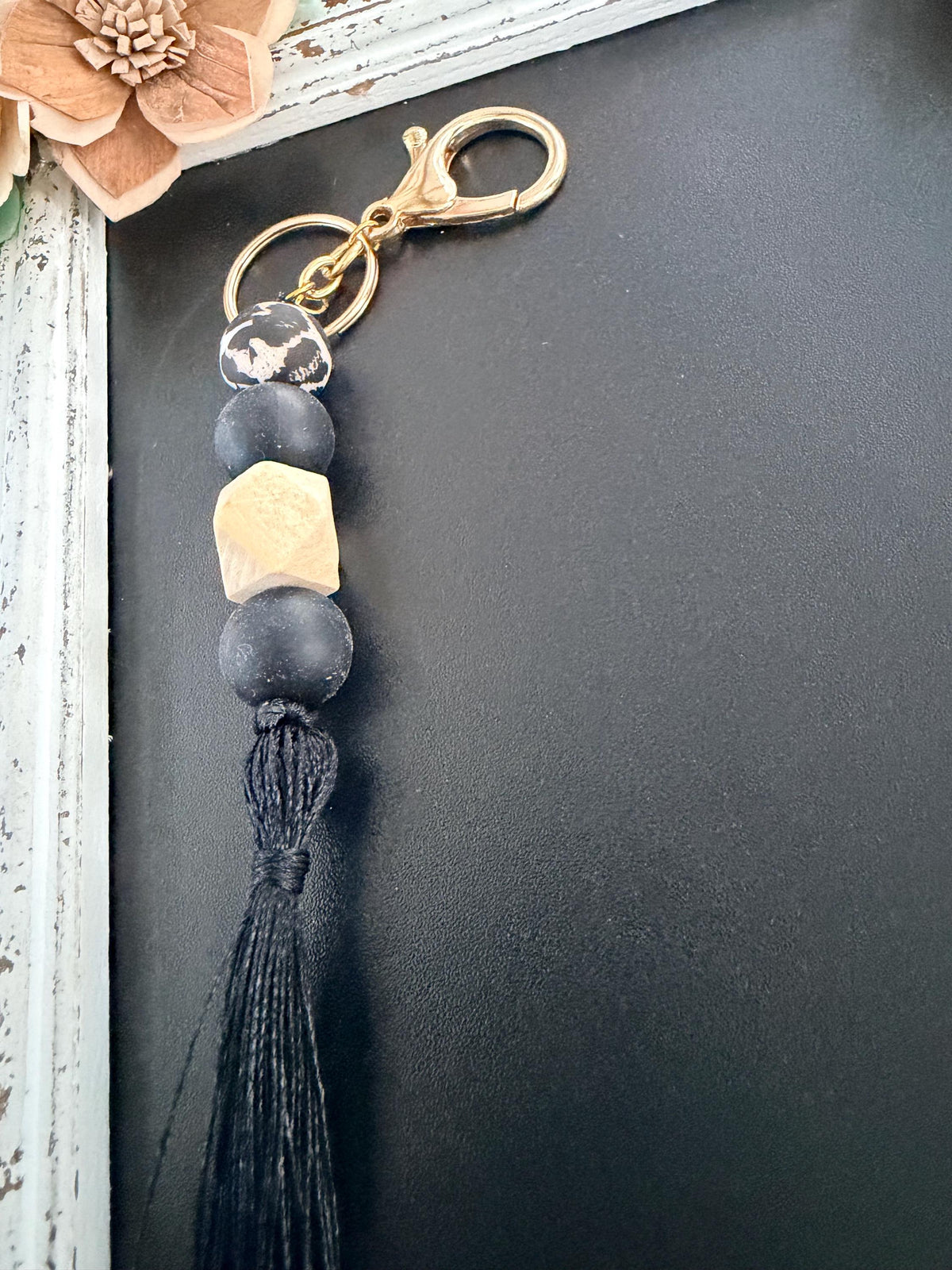 Boho Beaded Tassel Keychain | Black Wood Bag Charm