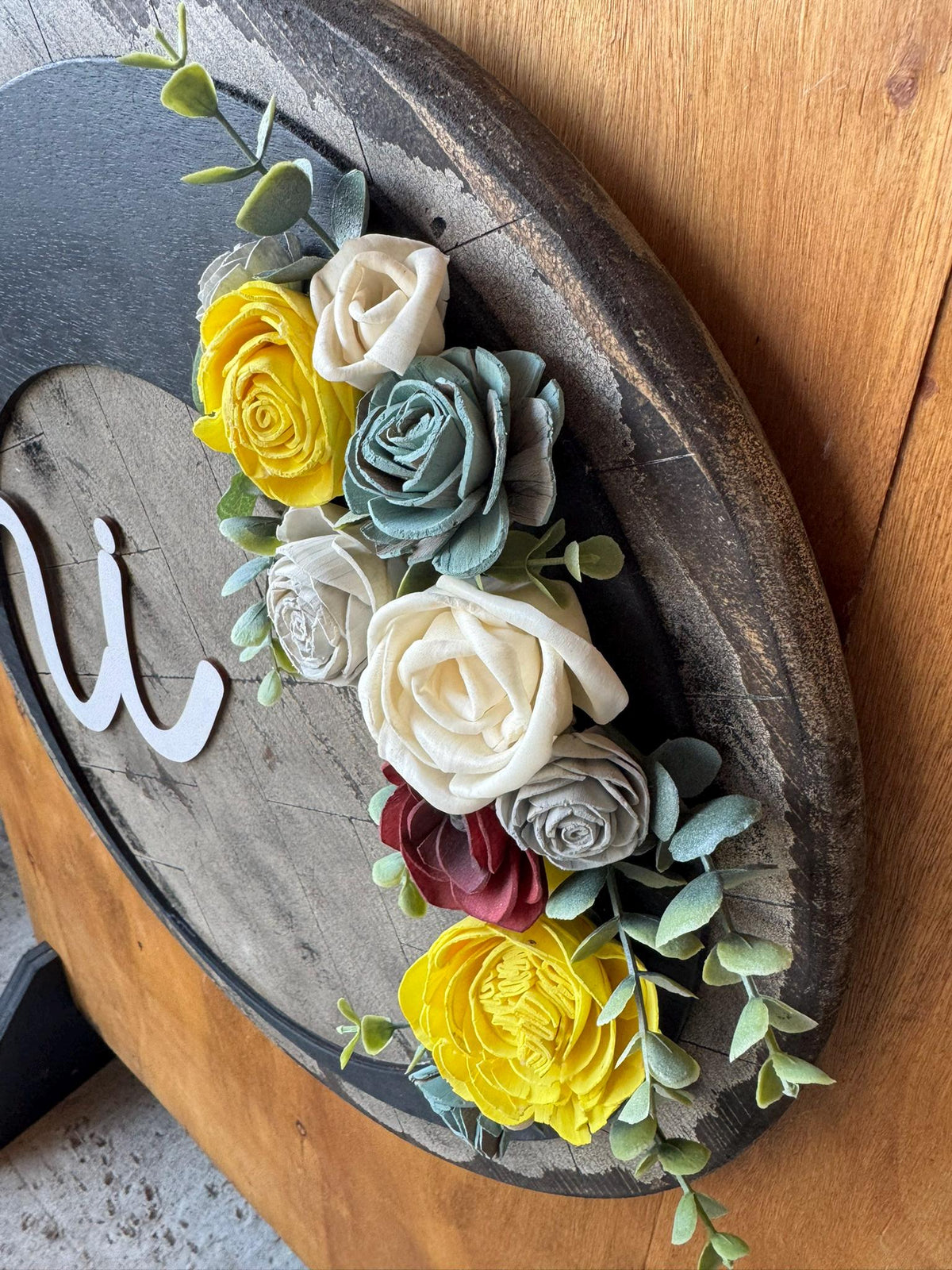 Round Wood Door Hanger with Flowers, Modern Farmhouse Front Door Sign