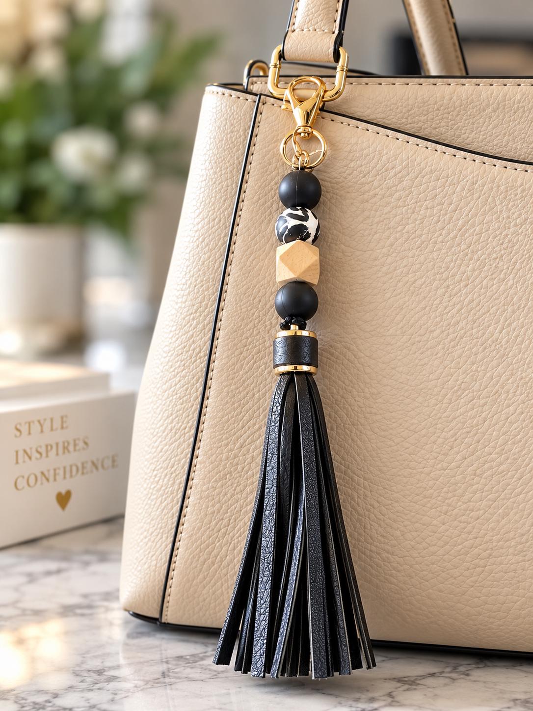Boho Beaded Tassel Keychain | Black Wood Bag Charm