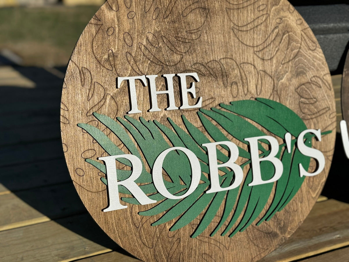 Monstera Tropical Custom Last Name Sign Personalized Welcome Porch Round Layered Wood Leaf Decor