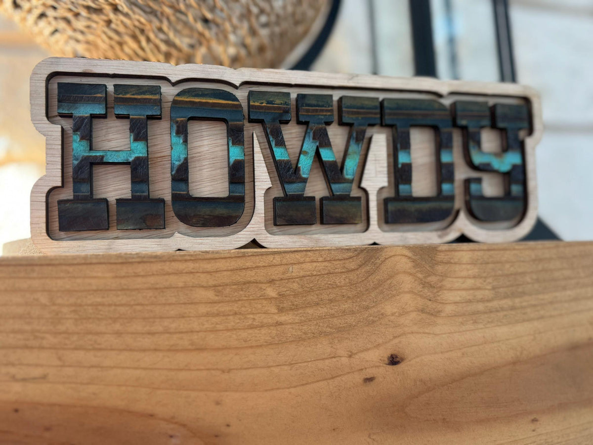 Howdy Wood Leather Sign Western Accent Home Decor Farmhouse Shelf Texas Gift Handmade Rustic Wood Boho Decor
