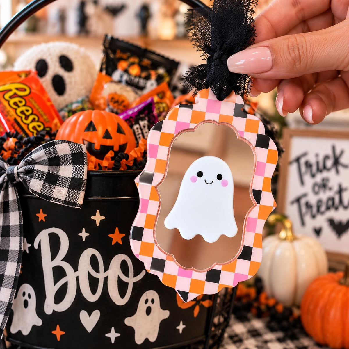 Boo Basket name Tag Personalized Ghost Mirror Bag Tag | Custom Halloween Name Tag | Spooky Backpack Charm | Trick or Treat Tag