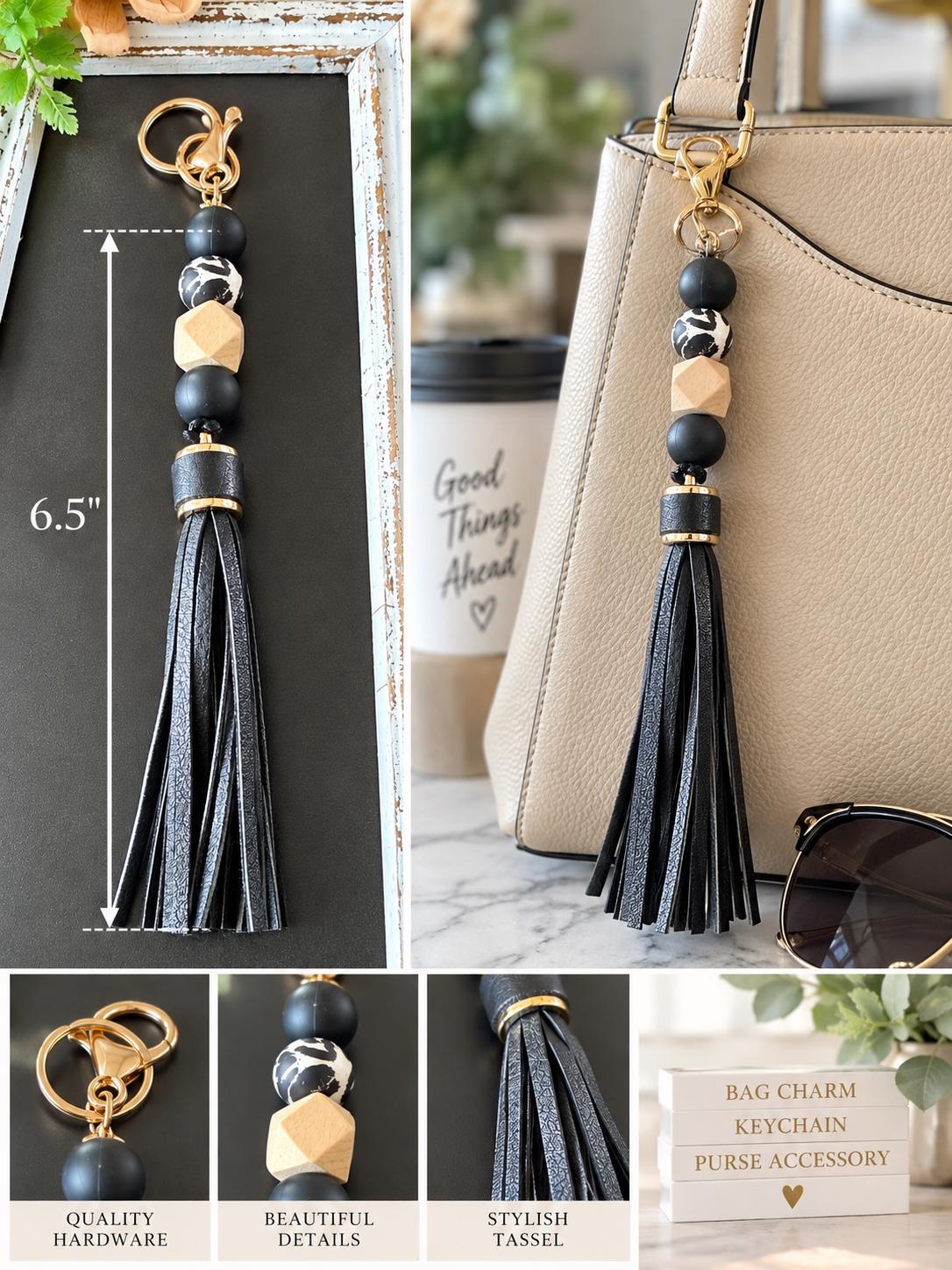 Boho Beaded Tassel Keychain | Black Wood Bag Charm
