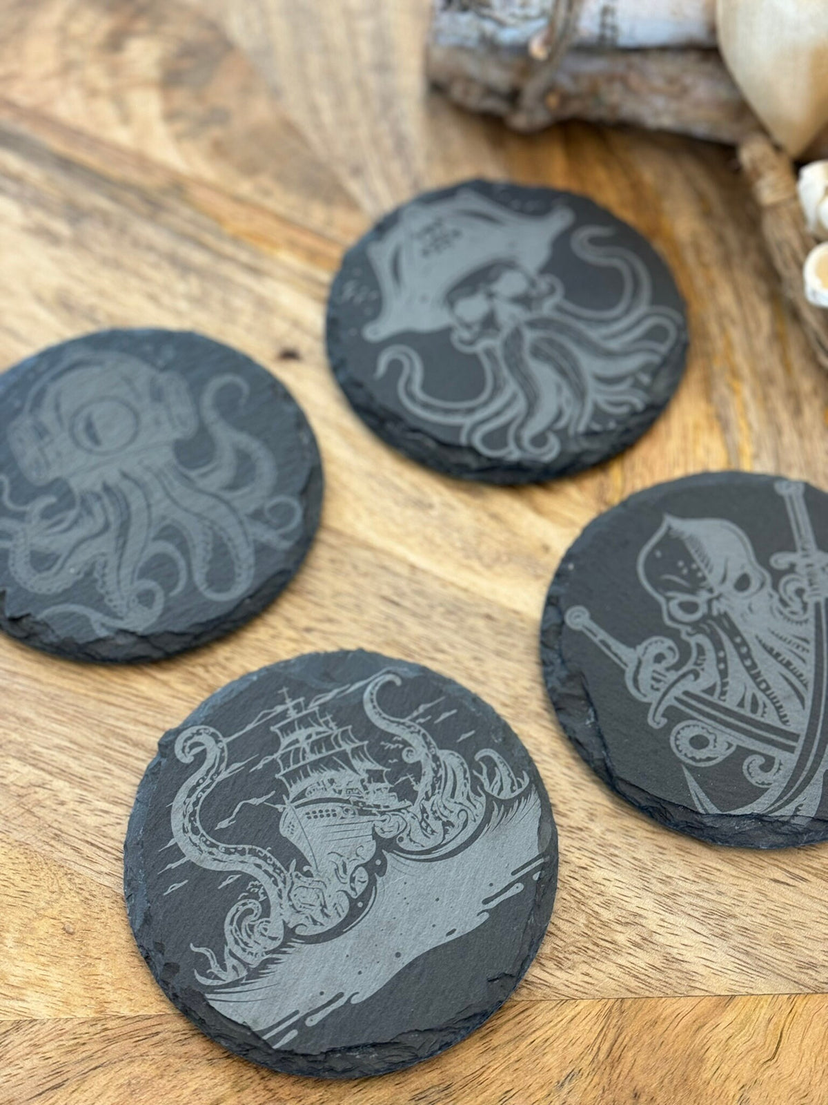 Slate Coasters Nautical Engraved Octopus Kraken Pirate Ship