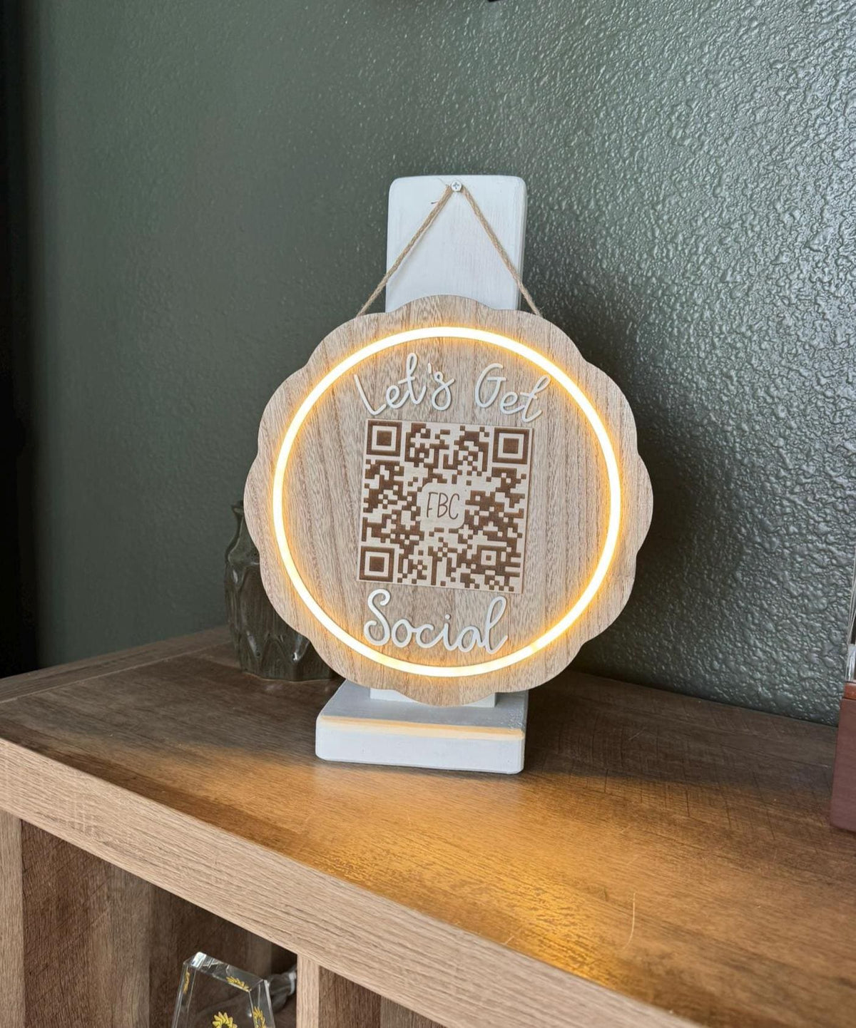 Let’s Get Social lighted QR Code Sign LED Wood Acrylic Scalloped Custom Business Sign