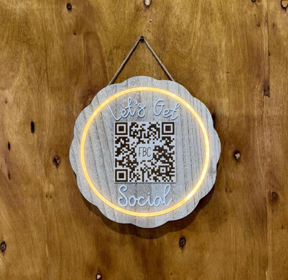 Let’s Get Social lighted QR Code Sign LED Wood Acrylic Scalloped Custom Business Sign