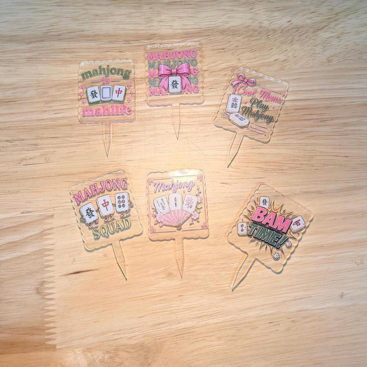 Mahjong Acrylic Cupcake Toppers, Game Night Party Decorations (Set of 6)