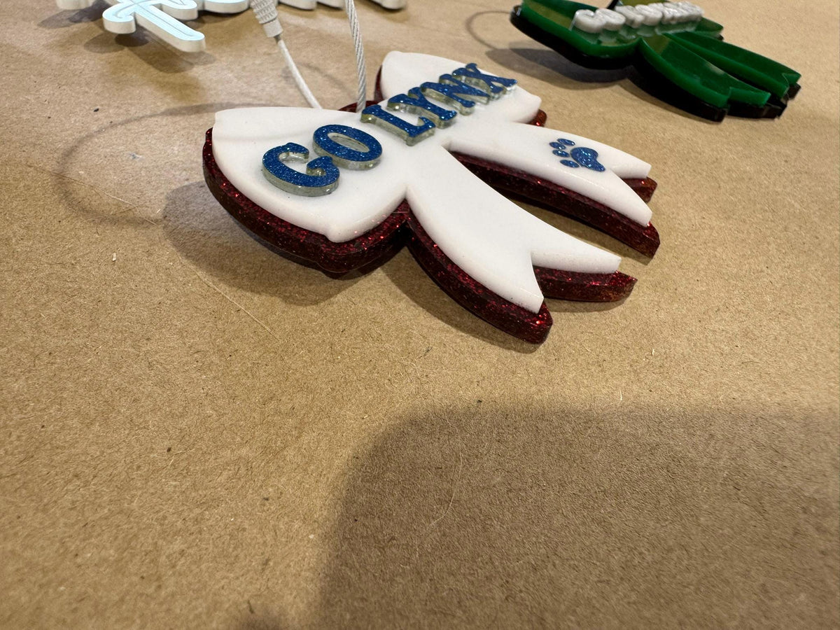 Personalized Acrylic Bow Backpack Tag, School Mascot Keychain