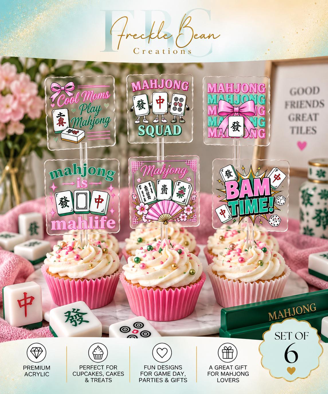 Mahjong Acrylic Cupcake Toppers, Game Night Party Decorations (Set of 6)
