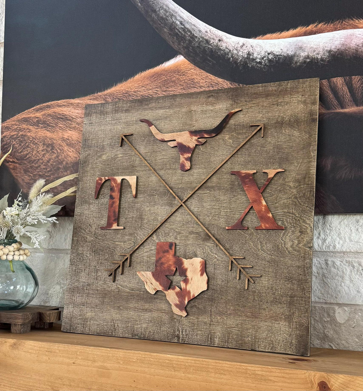 Rustic Cowhide Texas Wall Sign, Longhorn Home Decor