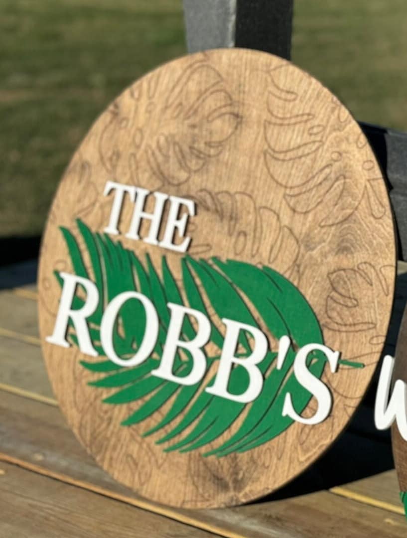 Monstera Tropical Custom Last Name Sign Personalized Welcome Porch Round Layered Wood Leaf Decor