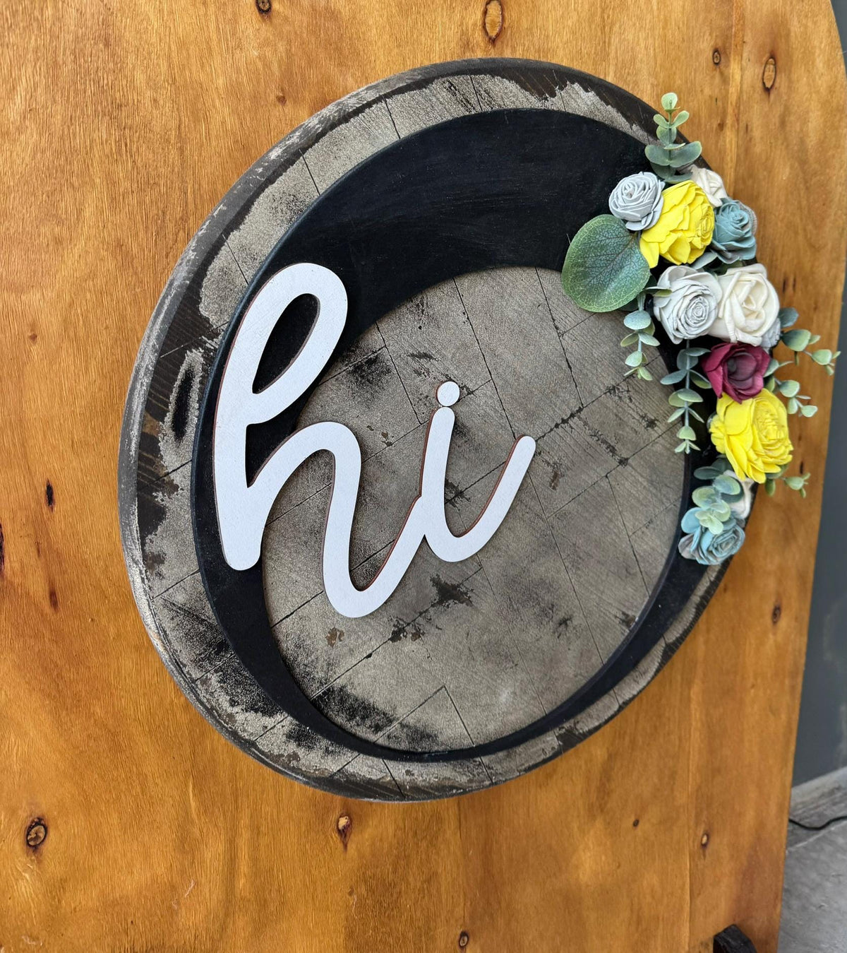 Round Wood Door Hanger with Flowers, Modern Farmhouse Front Door Sign