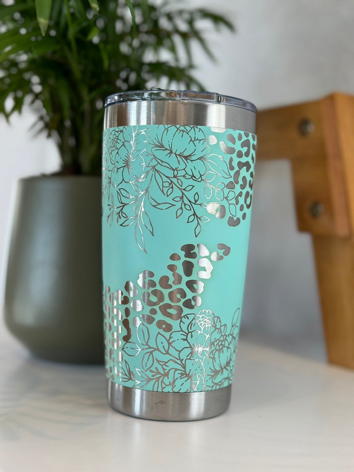 Tumbler Flower and Cheetah 20 oz Engraved Wrap Travel Mug Leopard Print Tumbler