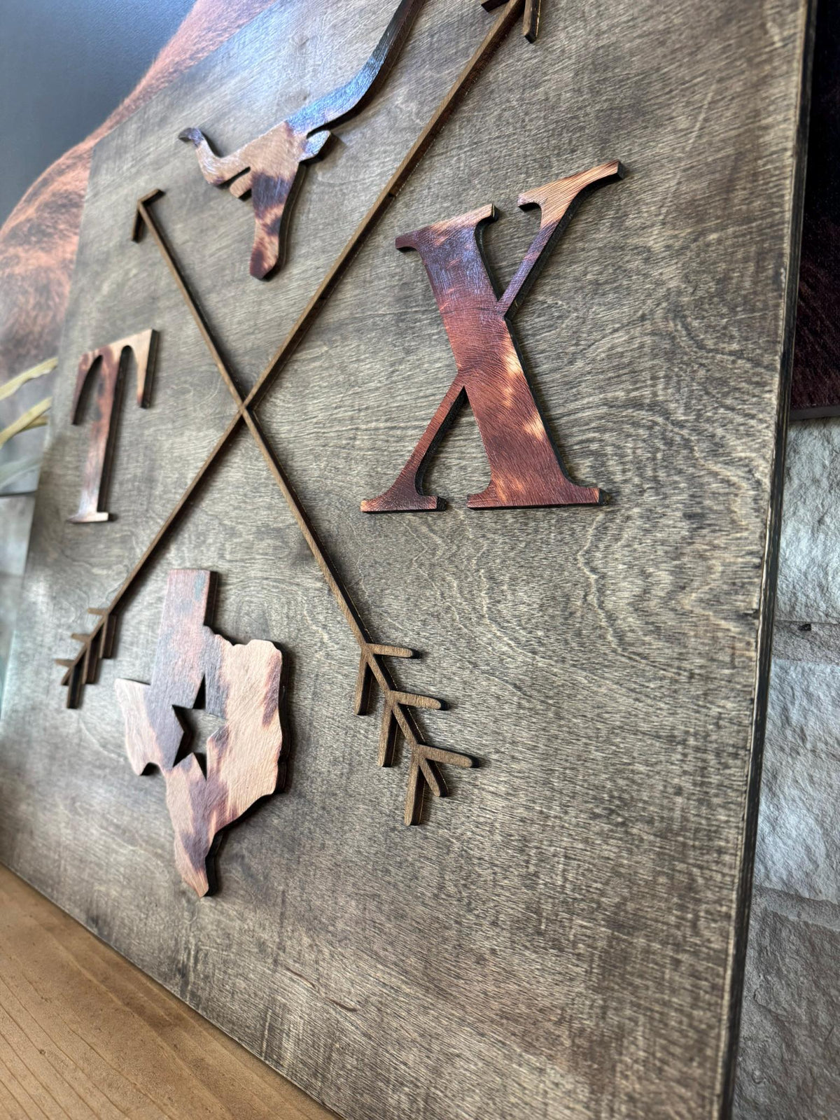 Rustic Cowhide Texas Wall Sign, Longhorn Home Decor