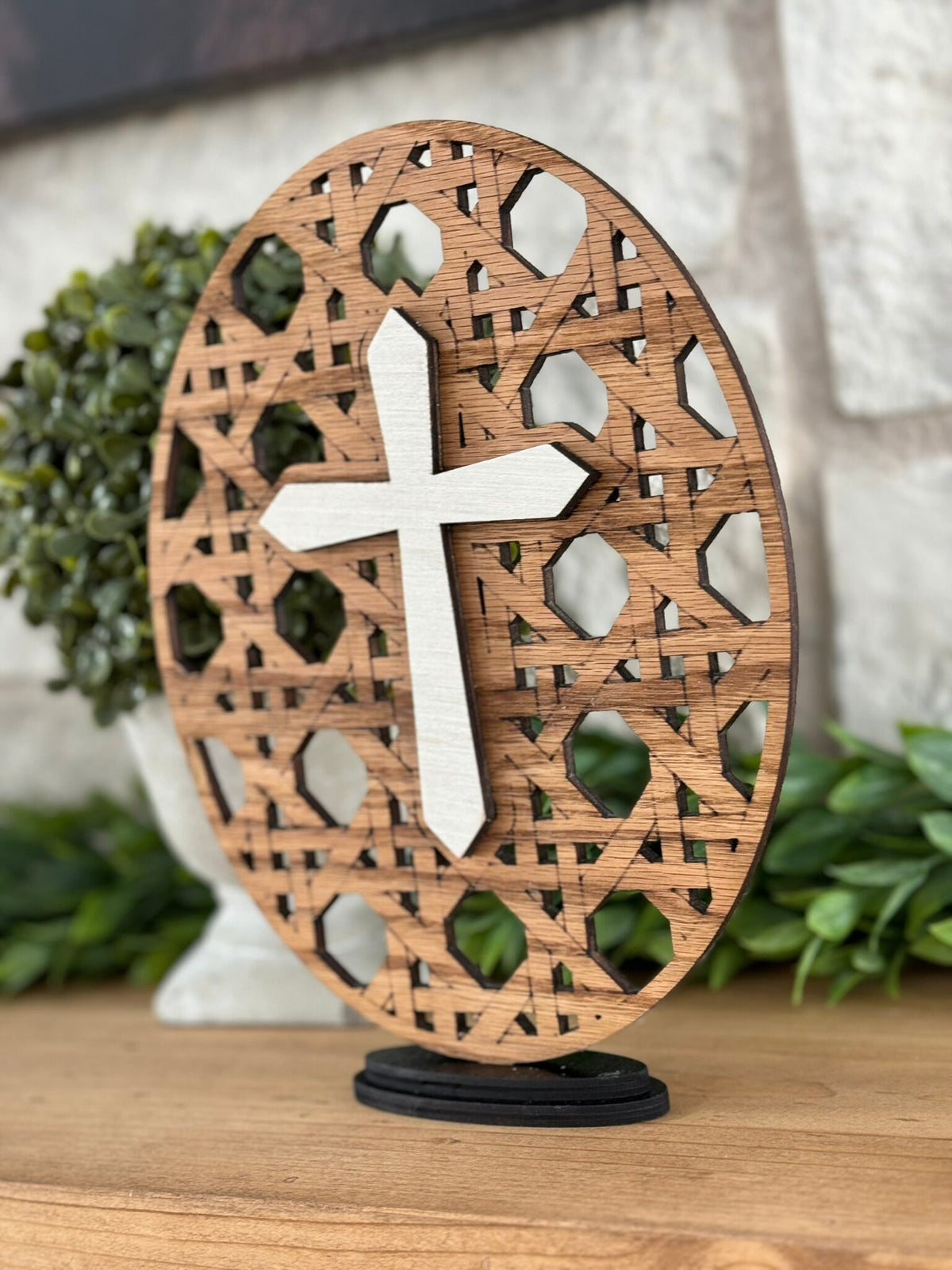Handcrafted Cane Weave Cross, Remembrance Shelf Sitter