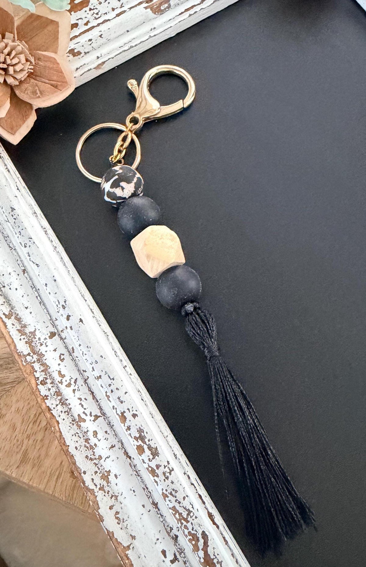 Boho Beaded Tassel Keychain | Black Wood Bag Charm