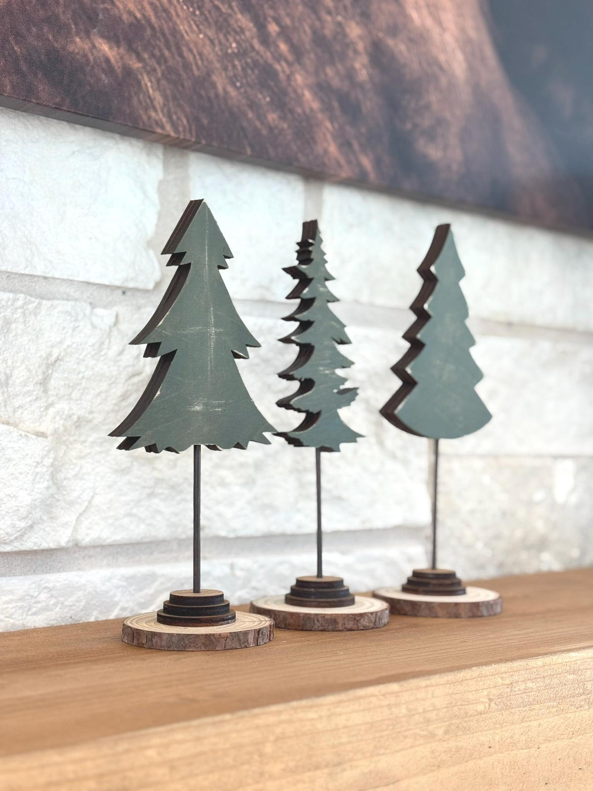 Rustic Wood Christmas Tree Set, Evergreen Holiday Mantel Decor