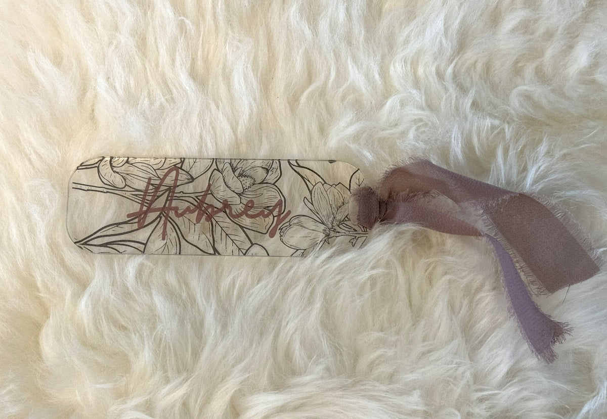 Personalized Acrylic Bookmark, Engraved Magnolia Flower with Chiffon Ribbon