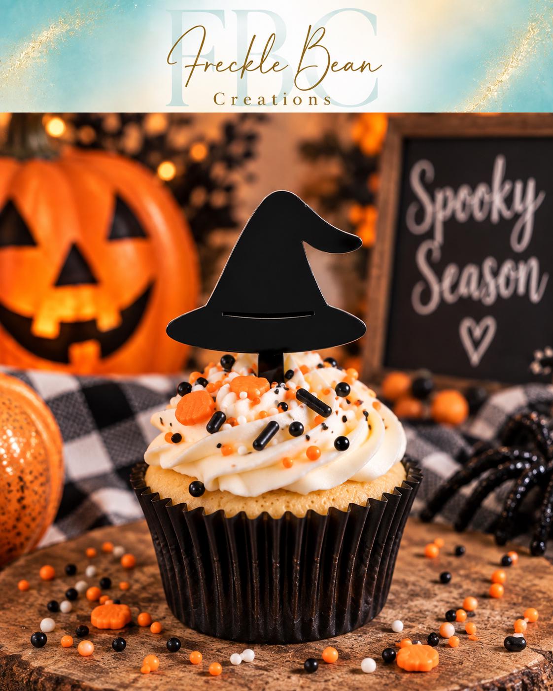Black Acrylic Witch Hat Cupcake Toppers | Halloween Party Decor (Set of 6)